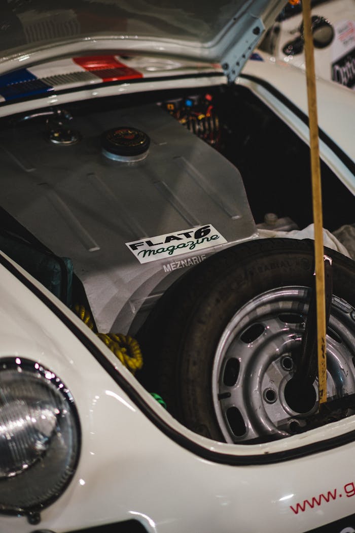 Detailed view of a classic car trunk showing tire and fuel tank.